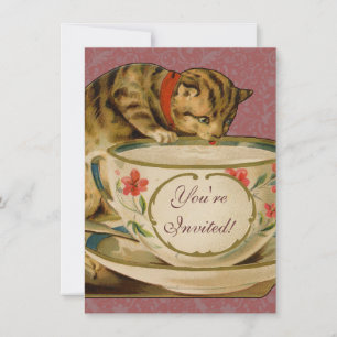 Invitación Gato Taza de Té Lindo Vintage Victoriano Mascota C