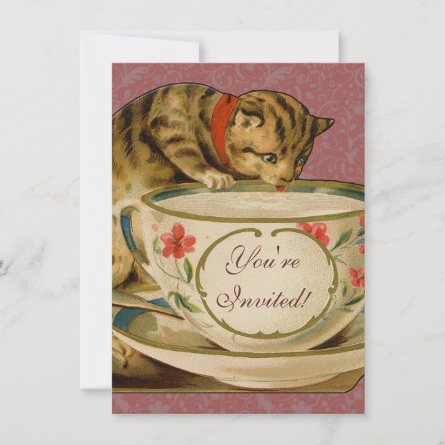 Invitación Gato Taza de Té Lindo Vintage Victoriano Mascota C (Anverso)