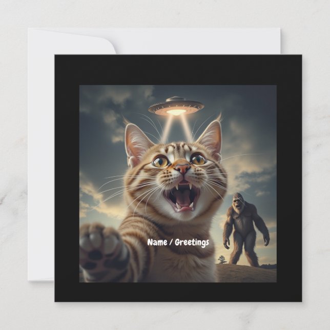 Invitación Gato tomándose selfie con OVNI y obsequio divertid (Anverso)