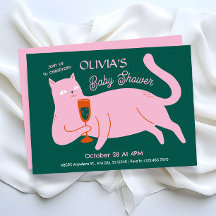 Invitación gato verde rosa lindo bebé