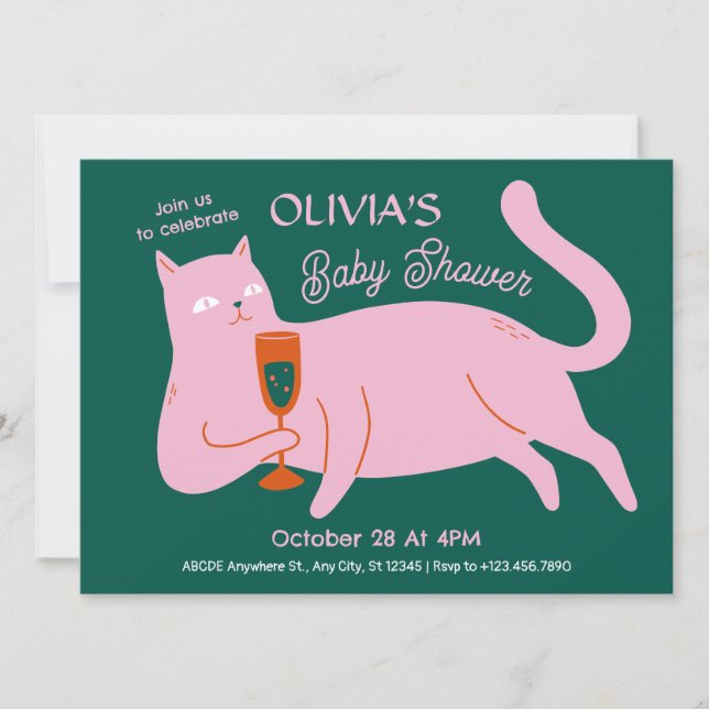 Invitación gato verde rosa lindo bebé (Anverso)