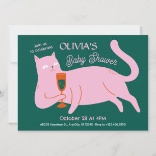 Invitación gato verde rosa lindo bebé