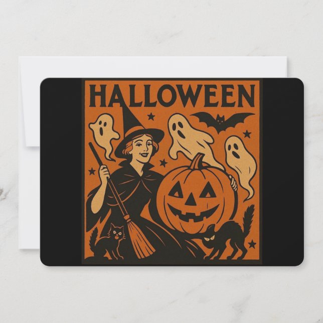 Invitación Gato vintage/retro, fantasma, calabaza y bruja (Anverso)