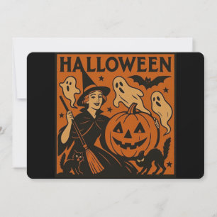 Invitación Gato vintage/retro, fantasma, calabaza y bruja
