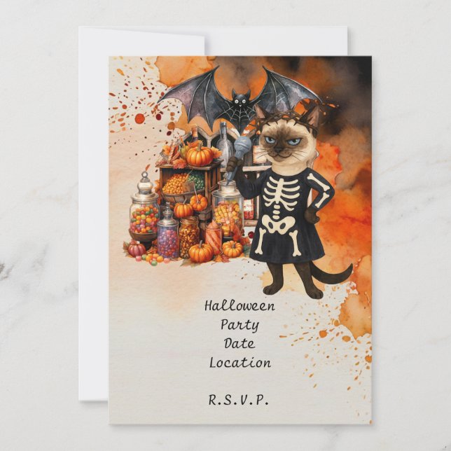 Invitación Gato y amigos siameses organizan fiesta de Hallowe (Anverso)