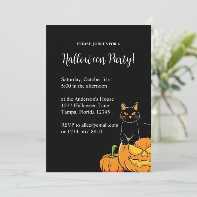 Invitación Gato y calabaza de fiesta de Halloween de estilo n (Anverso de pie)