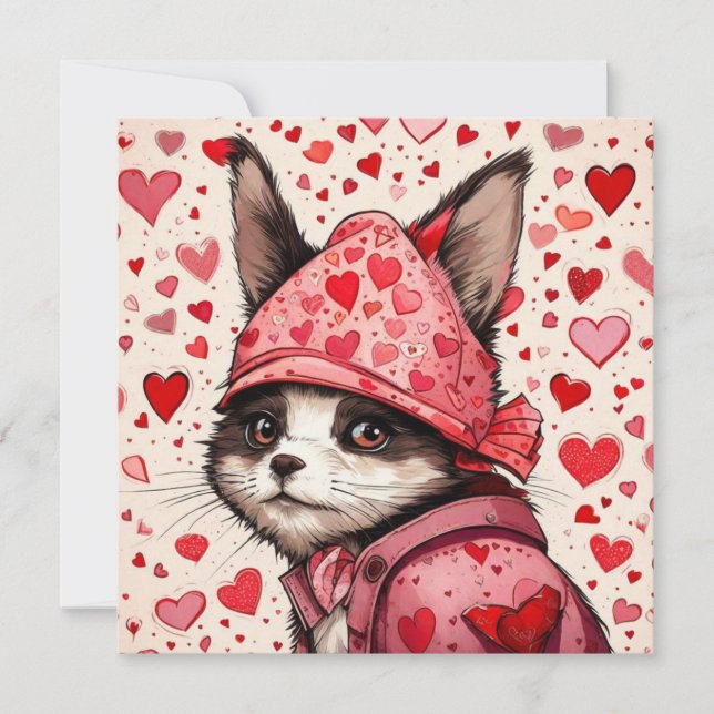 Invitación Gato y corazones rojos (Anverso)
