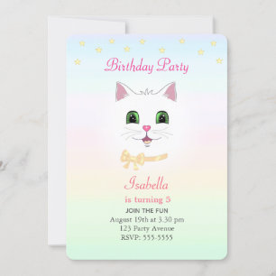 Invitación Gato y estrellas en los colores pasteles Cumpleaño