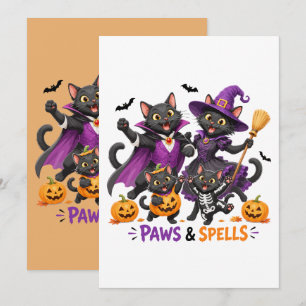 Invitación Gatos adorables de Halloween con patas y hechizos