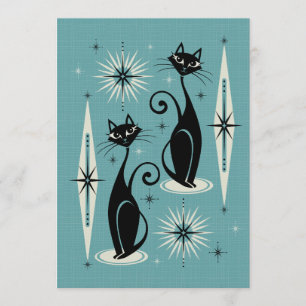 Invitación Gatos atómicos retro en azul a mediados de siglo