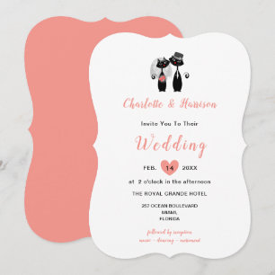 Invitación Gatos bodas Elegante Coral Blanco Negro