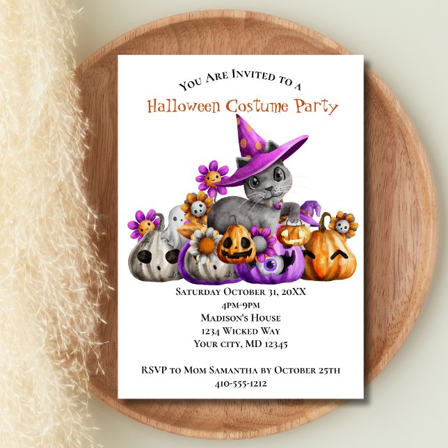 Invitación Gatos Calabazas Naranja Morado Niños Halloween (Cats Pumpkins Halloween Party Invitation. Printed or Digital Download)