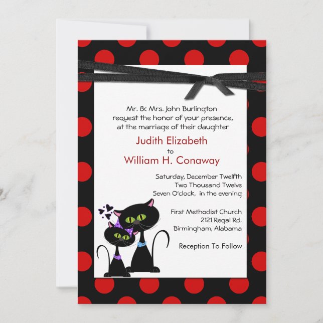 Invitación Gatos caprichosos y lunares que casan la (Anverso)