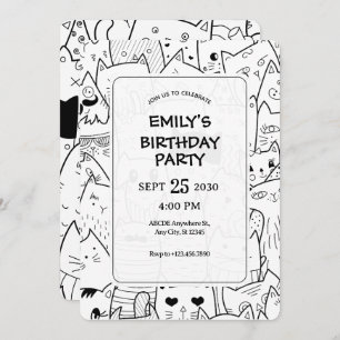 Invitación Gatos de doodle negros y blancos
