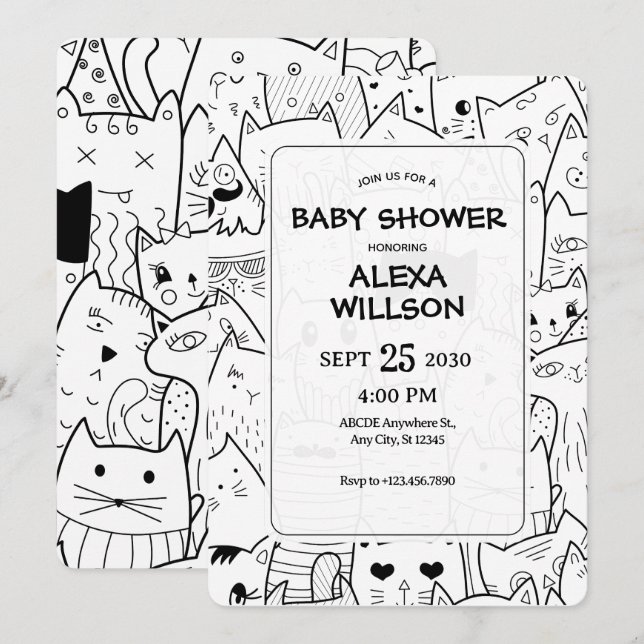 Invitación Gatos de doodle negros y blancos BABY SHOWER (Anverso / Reverso)