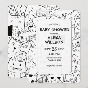 Invitación Gatos de doodle negros y blancos BABY SHOWER