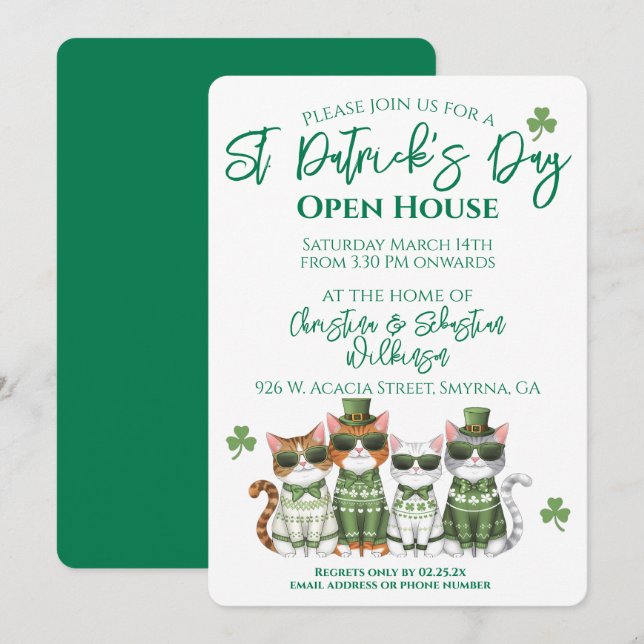 Invitación Gatos de la Casa Abierta del Día de San Patricio (Anverso / Reverso)