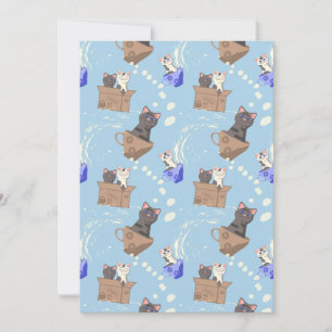 Invitación Gatos en caja y gotas de leche en azul