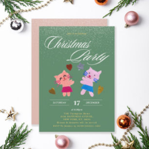 Invitación Gatos Festivos Verde Musgo Fiesta de Navidad