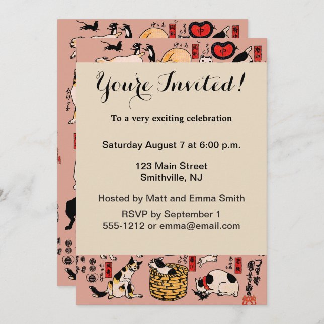 Invitación gatos japoneses Ukiyo-e Funny kitty (Anverso / Reverso)
