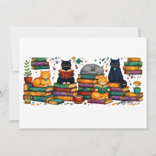 Invitación Gatos leyendo libros Escena de biblioteca acogedor