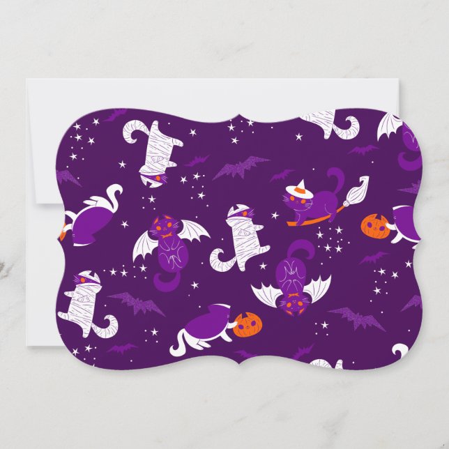 Invitación gatos morados de halloween mummy vampiro bruja (Anverso)
