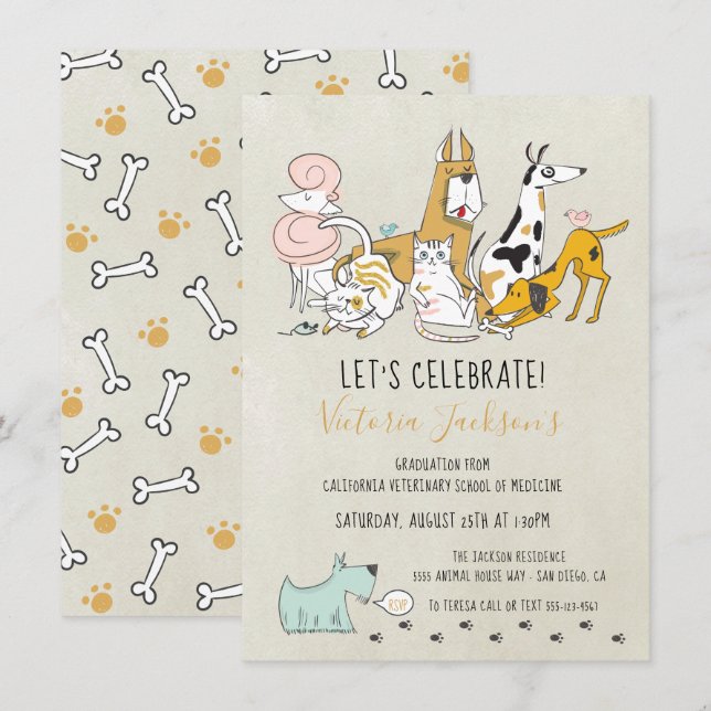 Invitación Gatos perros y aves Graduación de la Escuela Veter (Anverso / Reverso)