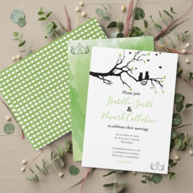 Invitación Gatos Románticos Enamorados Boda De Acuarela Verde (Subido por el creador)