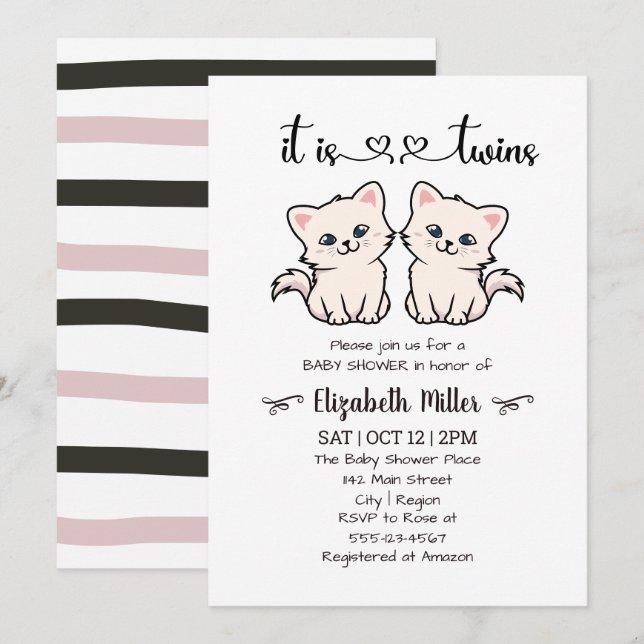 Invitación Gatos simples Chica Twin Boy Baby Shower (Anverso / Reverso)