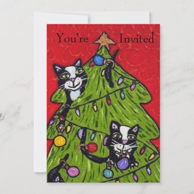 Invitación Gatos traviesos trepando árbol de Navidad verde ro (Anverso)