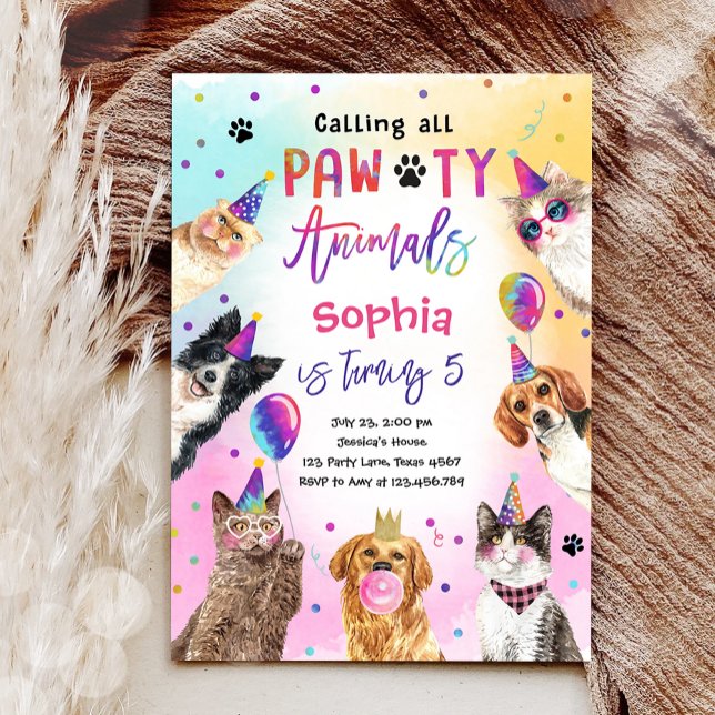 Invitación Gatos y perros Fiesta Pawty Animals Chica Cumpleañ (Subido por el creador)