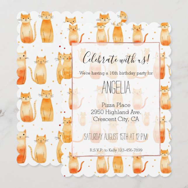 Invitación Gatos y puntos Naranjas (Anverso / Reverso)