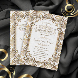 Invitación Gatsby 50 Aniversario del Art Deco Blanco de Oro d