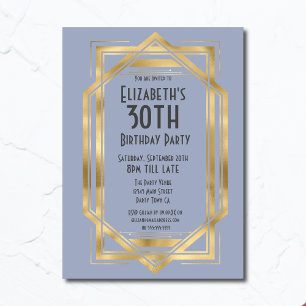 Invitación Gatsby Años 20 Art Deco Azul   Cumpleaños 30 de Or