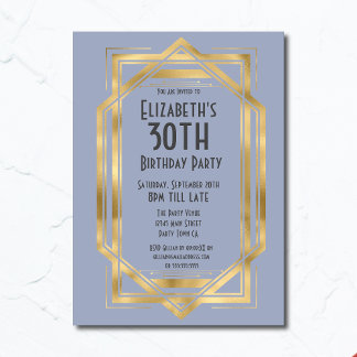 Invitación Gatsby Años 20 Art Deco Azul | Cumpleaños 30 de Or