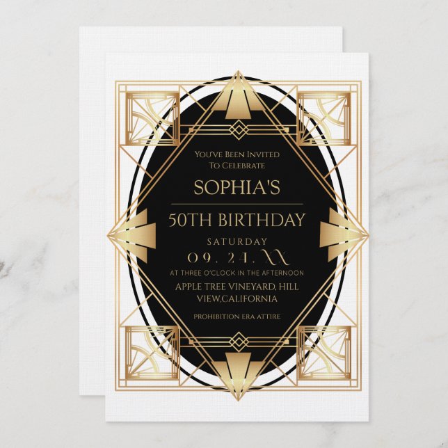 Invitación Gatsby Art Deco 50th Birthday Party (Anverso / Reverso)