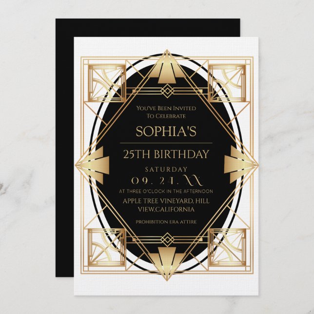 Invitación Gatsby Art Deco Black 25th Birthday Party (Anverso / Reverso)
