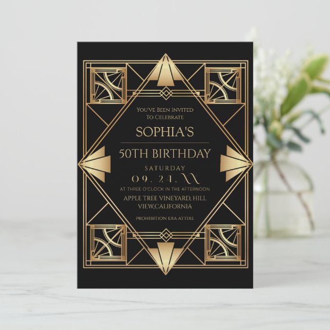 Invitación Gatsby Art Deco Black 50th Birthday Party (Anverso de pie)
