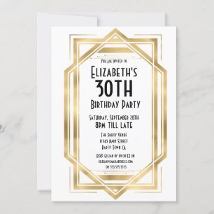 Invitación Gatsby Art Déco Blanco Cumpleaños 30 Dorado años