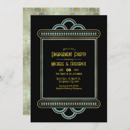 Invitación Gatsby Art Deco Blue & Gold Engagement Party Photo
