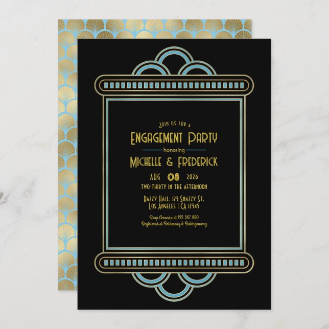 Invitación Gatsby Art Deco Blue & Gold Engagement Party Photo (Anverso / Reverso)