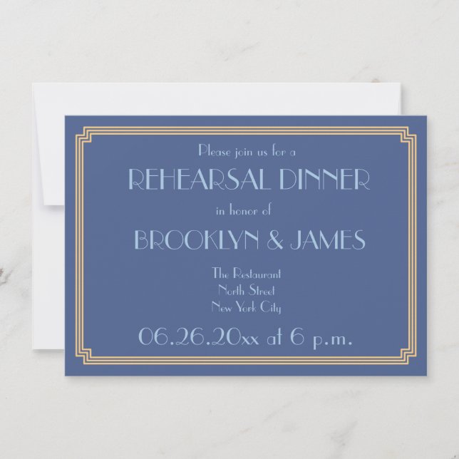 Invitación Gatsby Art Deco Boda azul invita a un ensayo (Anverso)