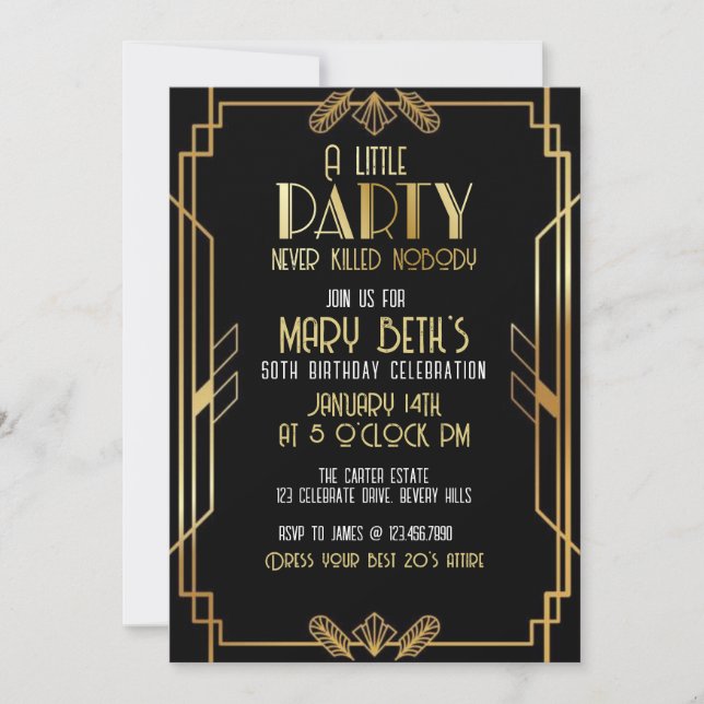Invitación Gatsby, Art Deco, murder mystery (Anverso)