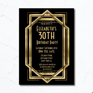 Invitación Gatsby Art Déco Negro Oro Cumpleaños 30
