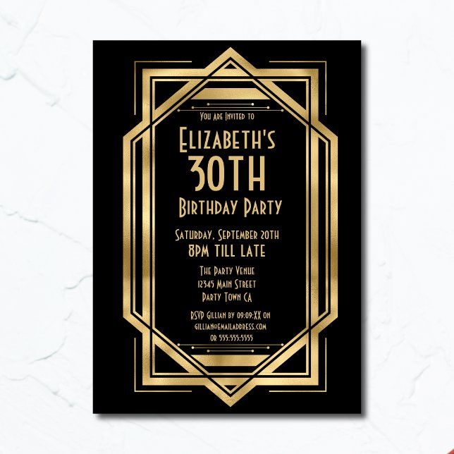 Invitación Gatsby Art Déco Negro | Oro Cumpleaños 30 (Subido por el creador)
