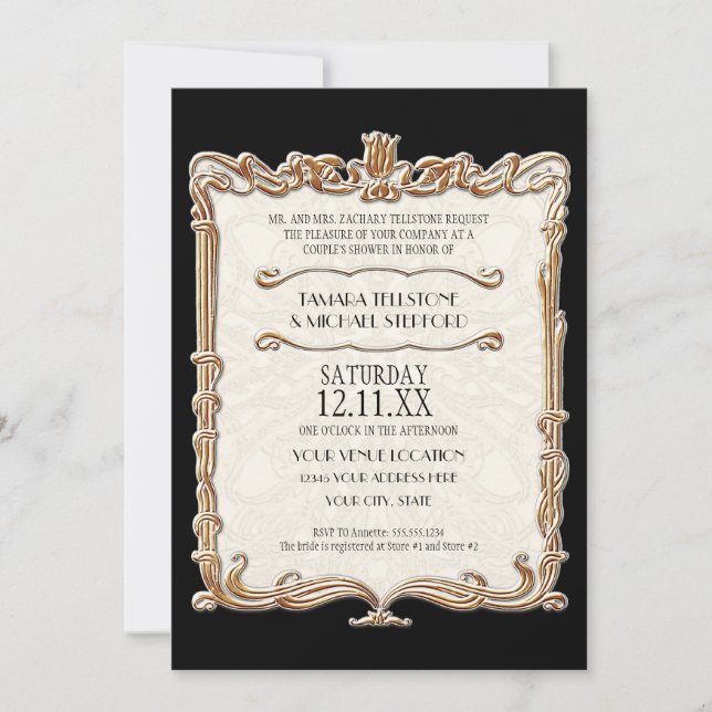 Invitación Gatsby Art Deco Nouveau Lace Faux Gold Tulip (Anverso)