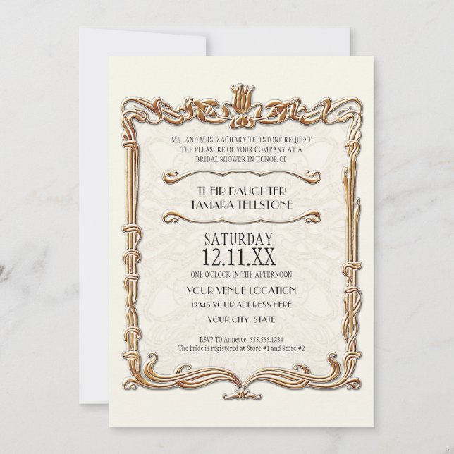 Invitación Gatsby Art Deco Nouveau Lace Faux Gold Tulip (Anverso)