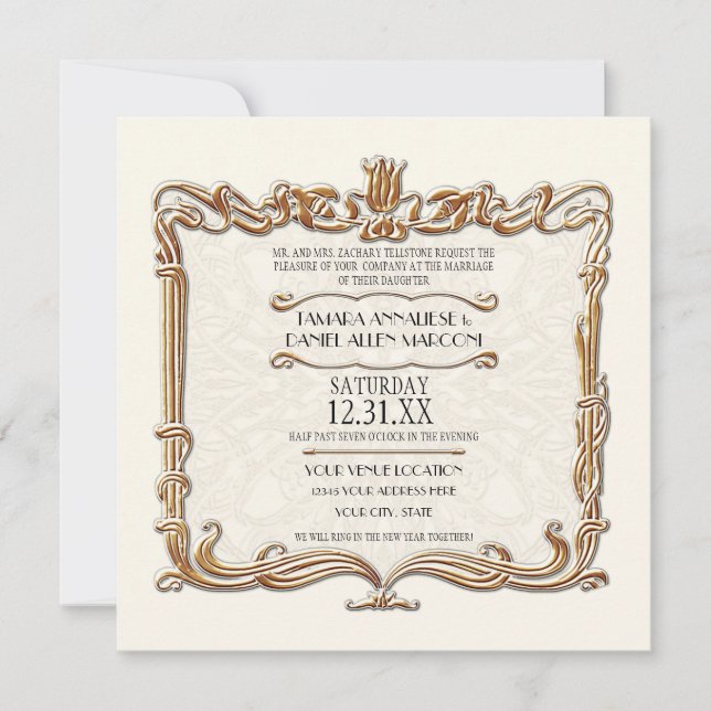 Invitación Gatsby Art Deco Nouveau Lace Faux Gold Tulip (Anverso)