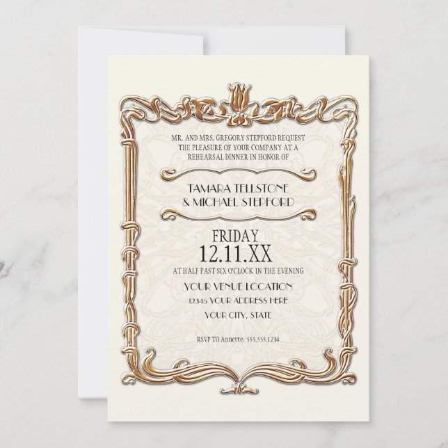 Invitación Gatsby Art Deco Nouveau Lace Faux Gold Tulip (Anverso)