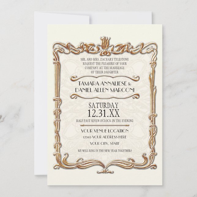 Invitación Gatsby Art Deco Nouveau Lace Faux Gold Tulip (Anverso)
